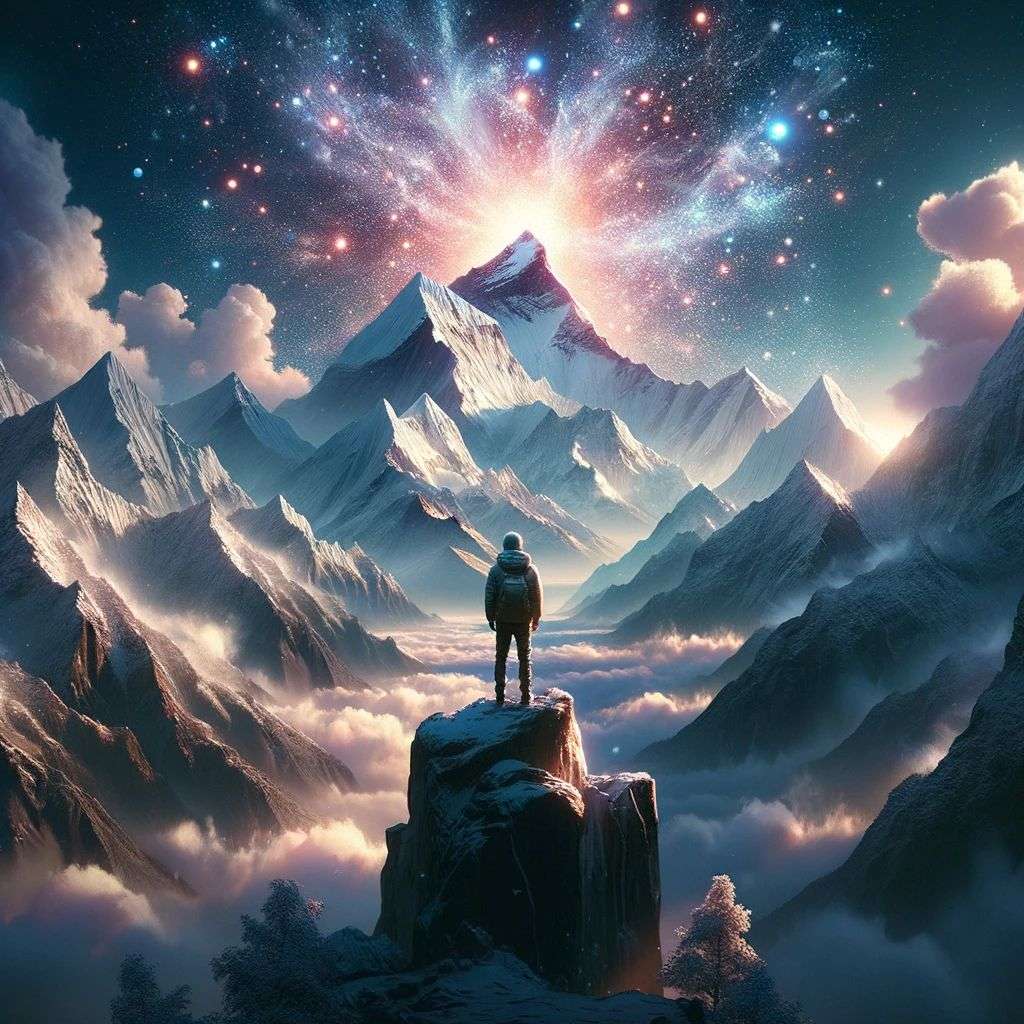 someone gazing at Mount Everest, particle explosion, digital art